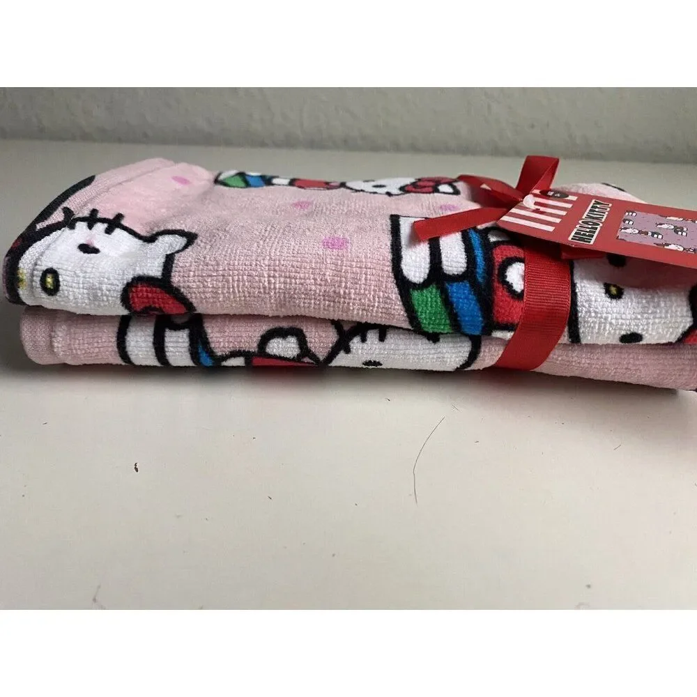 Set Of 2 Sanrio Hello Kitty Pink Hand Towels Back to School Books Class Pink NEW